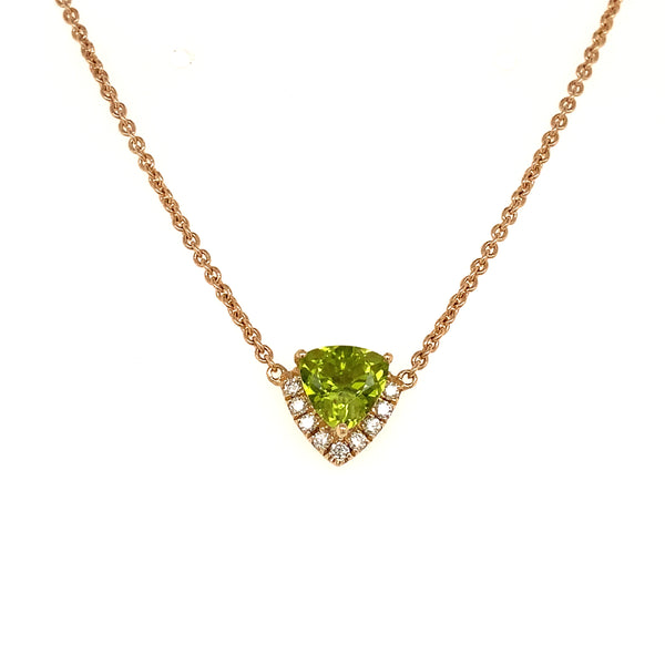 trillion cut peridot and diamond fancy pendant 14k yellow gold
