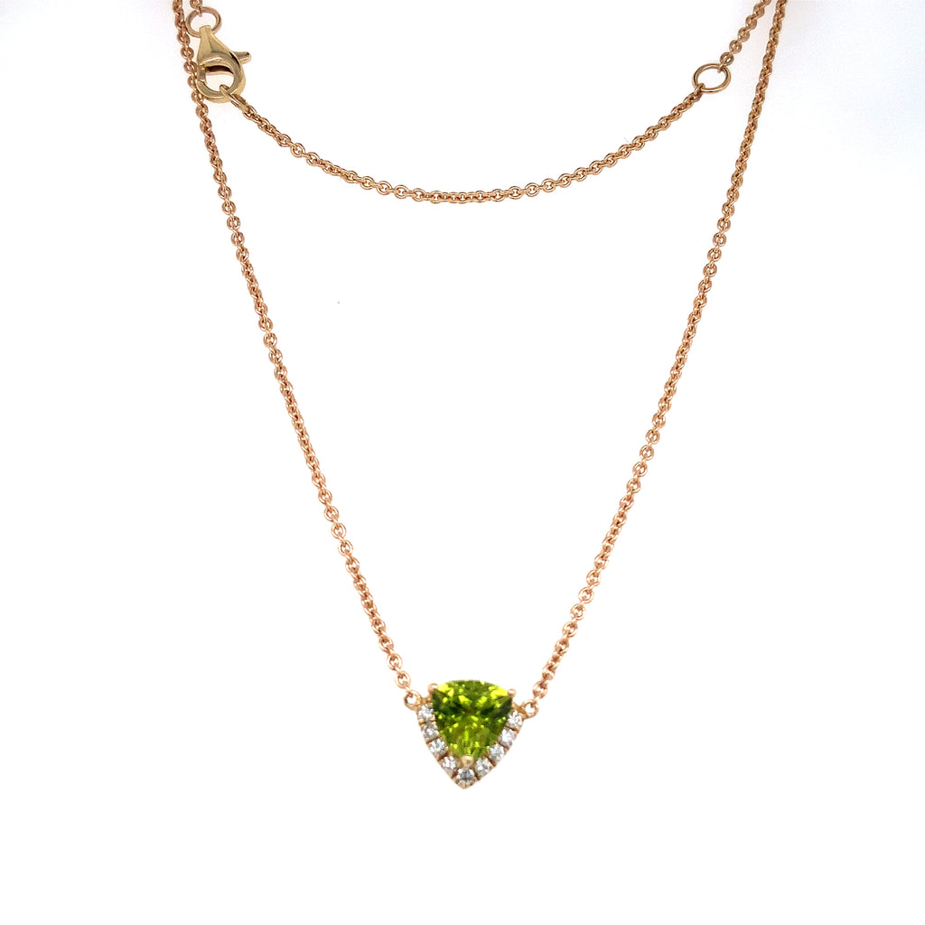 trillion cut peridot and diamond fancy pendant 14k yellow gold