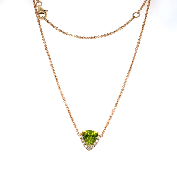 trillion cut peridot and diamond fancy pendant 14k yellow gold
