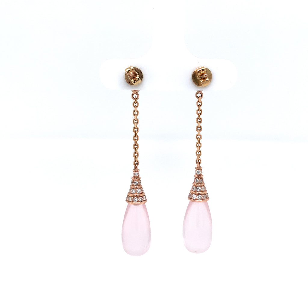 deco inspired cabochon briolette rose quartz, garnet and paved diamond elegant drop earrings in 14k rose gold