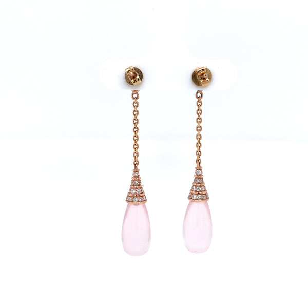 deco inspired cabochon briolette rose quartz, garnet and paved diamond elegant drop earrings in 14k rose gold