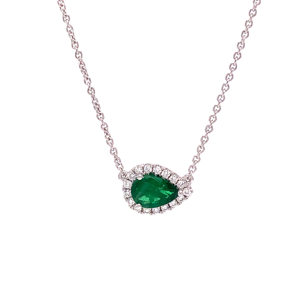 Roman + Jules Elegant East-West Necklace featuring a Pear shaped Emerald and Diamond Halo Set in 18K White Go - Image 1 of 6