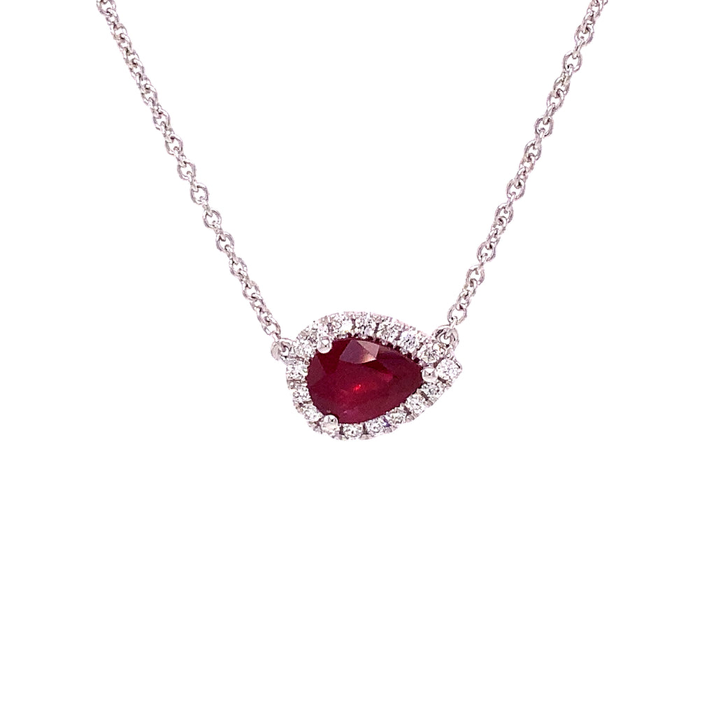 Roman + Jules East -West Necklace featuring a Pear shape Ruby and Diamond Halo Set in 18K White Gold - Image 1 of 3