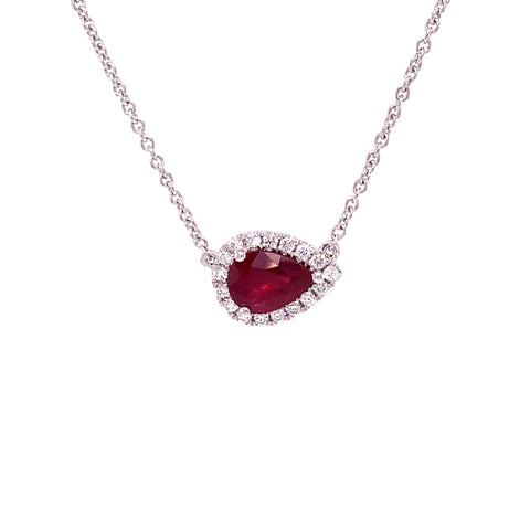 Roman + Jules East -West Necklace featuring a Pear shape Ruby and Diamond Halo Set in 18K White Gold - Image 1 of 3