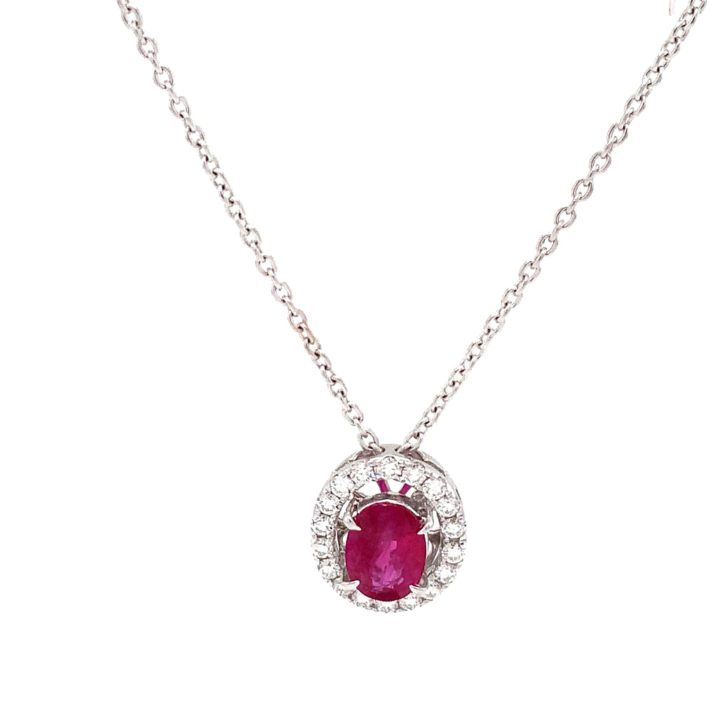 Roman+Jules Burmese Oval Ruby and Diamond Halo Pendant and Chain fashioned in 18 kt White Gold. - Image 5 of 9