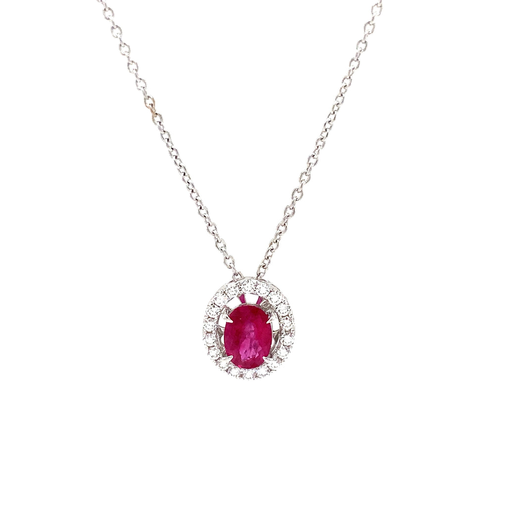 Roman+Jules Burmese Oval Ruby and Diamond Halo Pendant and Chain fashioned in 18 kt White Gold. - Image 6 of 9