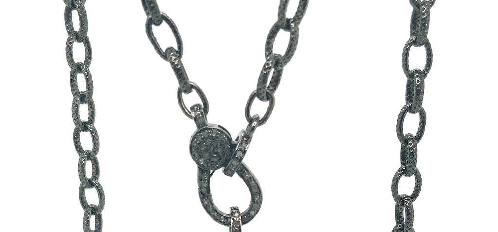 Oxidized Sterling Silver and Diamond Clasp Chain Textured Oval Link Chain