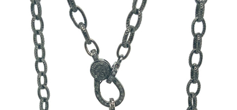Oxidized Sterling Silver and Diamond Clasp Chain Textured Oval Link Chain