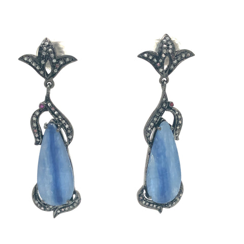 Kyanite Drop Earring with Gray Diamond set in Oxidized Sterling Silver - Image 1 of 4