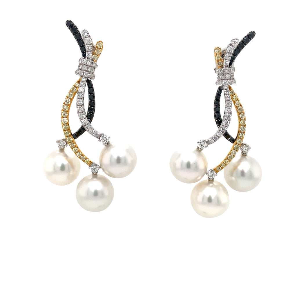 Tri-Color Diamond and Triple White South Sea Pearl Drop Earrings set in 18 kt Gold. - Image 1 of 6