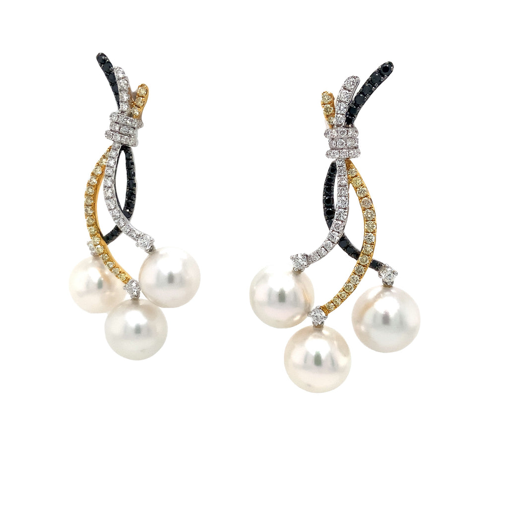 Tri-Color Diamond and Triple White South Sea Pearl Drop Earrings set in 18 kt Gold. - Image 2 of 6