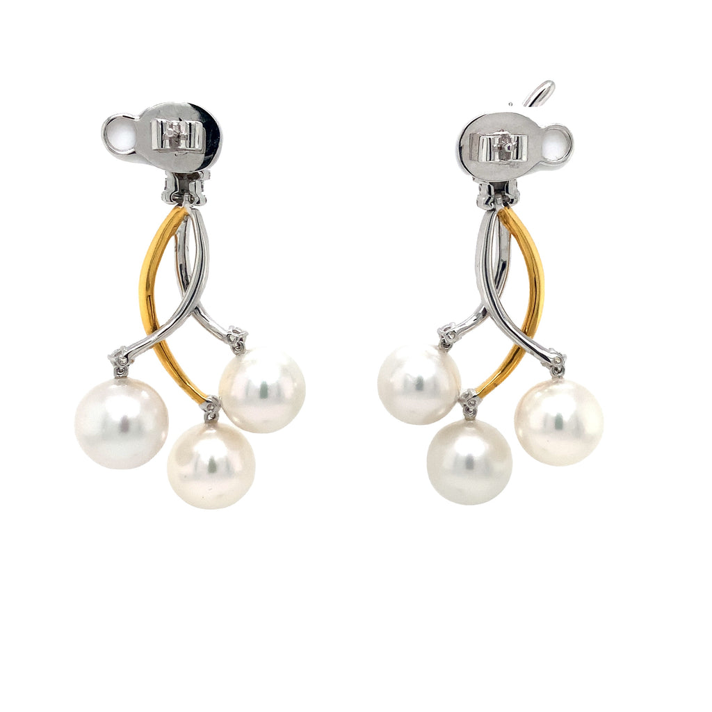 Tri-Color Diamond and Triple White South Sea Pearl Drop Earrings set in 18 kt Gold. - Image 3 of 6