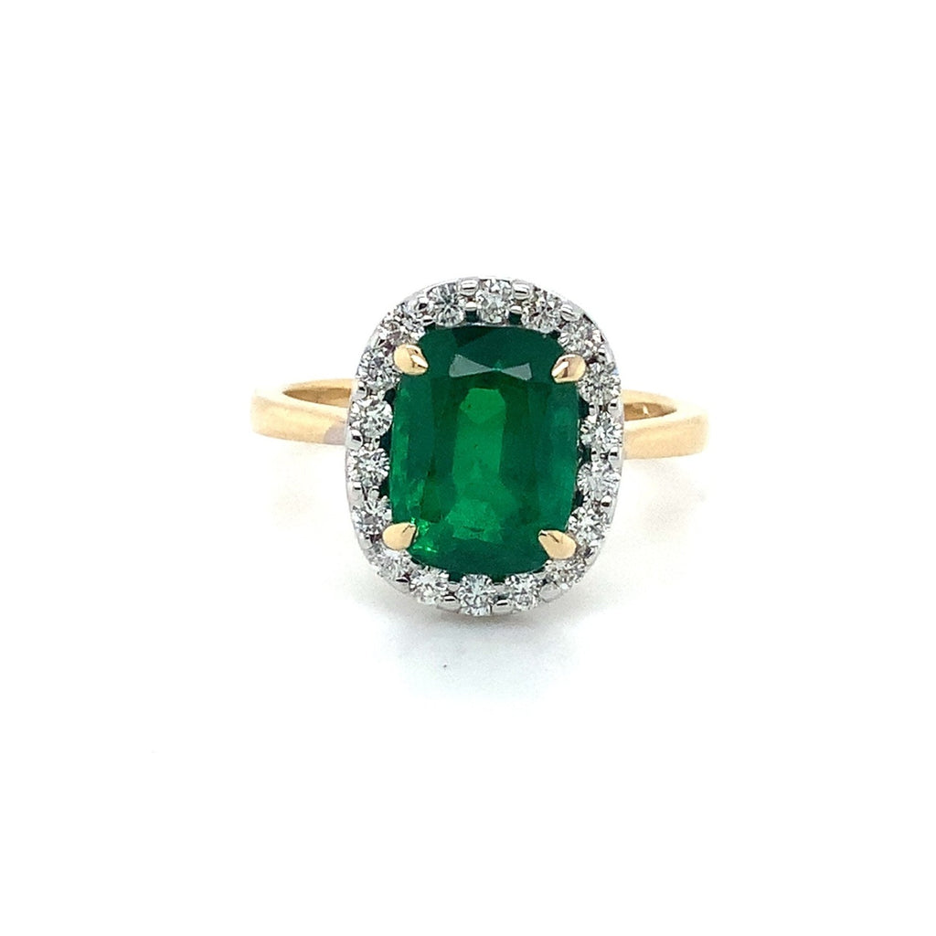 Roman+Jules Natural Certified Zambian Emerald  2.51 ct Cushion Shape set in 18K Yellow Gold Halo Ring - Image 2 of 5
