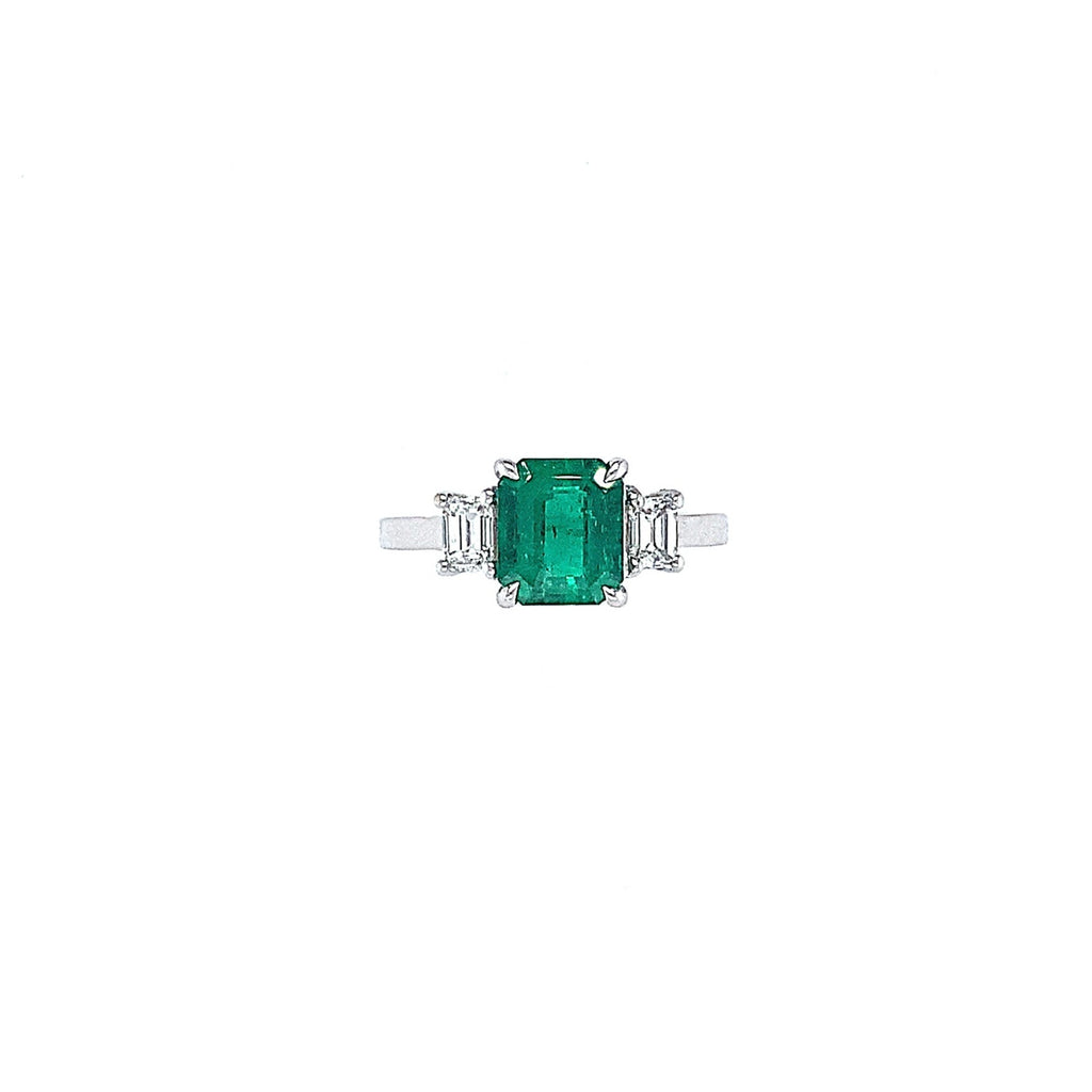 Roman+Jules Vivid Green Certified Natural Muzo Emerald and Diamond 3 Stone Ring set in 18 kt White Gold - Image 4 of 6