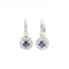 blue sapphire and diamond halo leverback  drop earrings 14k white gold