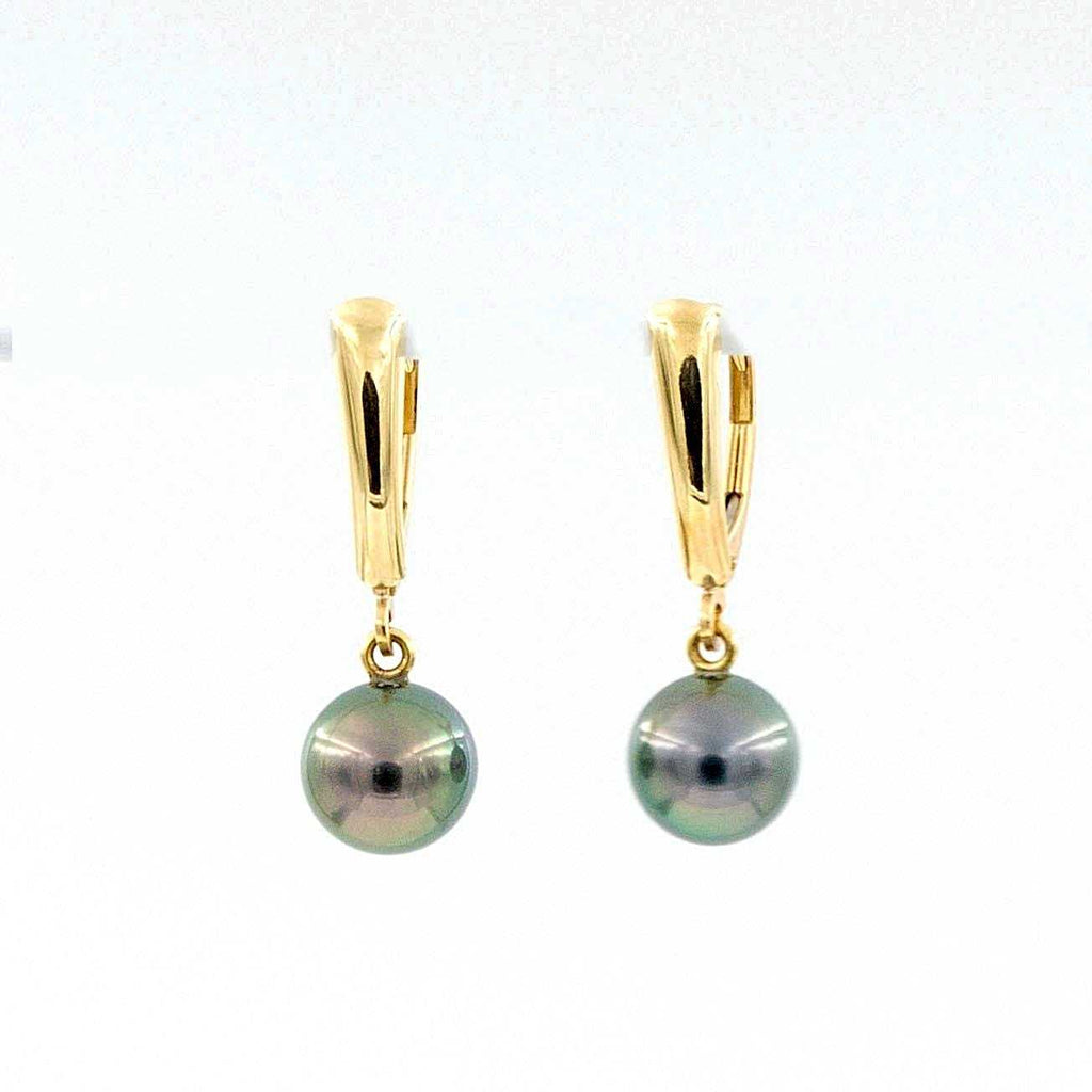 tahitian cultured natural black pearl drop earring 14 kt yellow gold lever backs