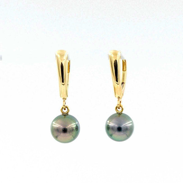 tahitian cultured natural black pearl drop earring 14 kt yellow gold lever backs