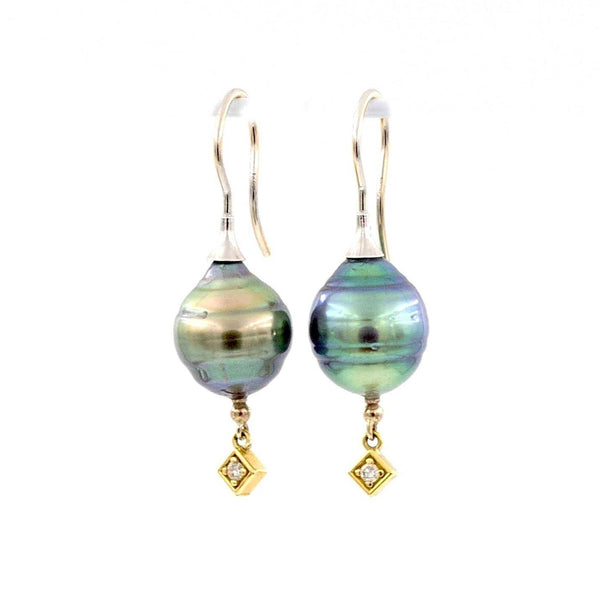 tahitian circle pearl diamond drop earring 18 kt white and yellow gold.