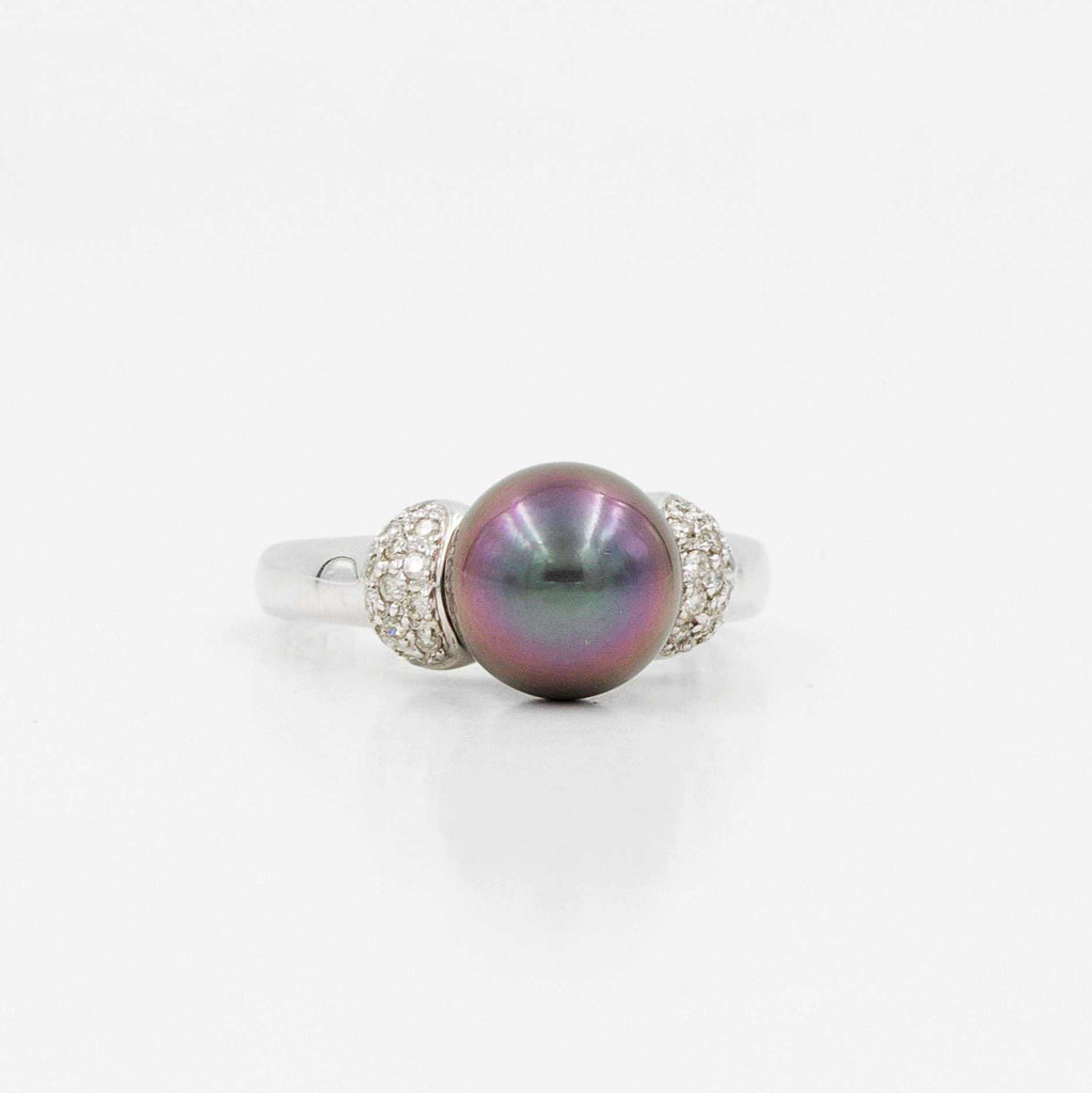 mastoloni 9.5mm cultured tahitian natural black pearl diamond paved ring 18k white gold