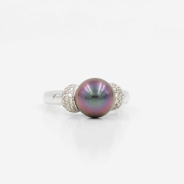 mastoloni 9.5mm cultured tahitian natural black pearl diamond paved ring 18k white gold