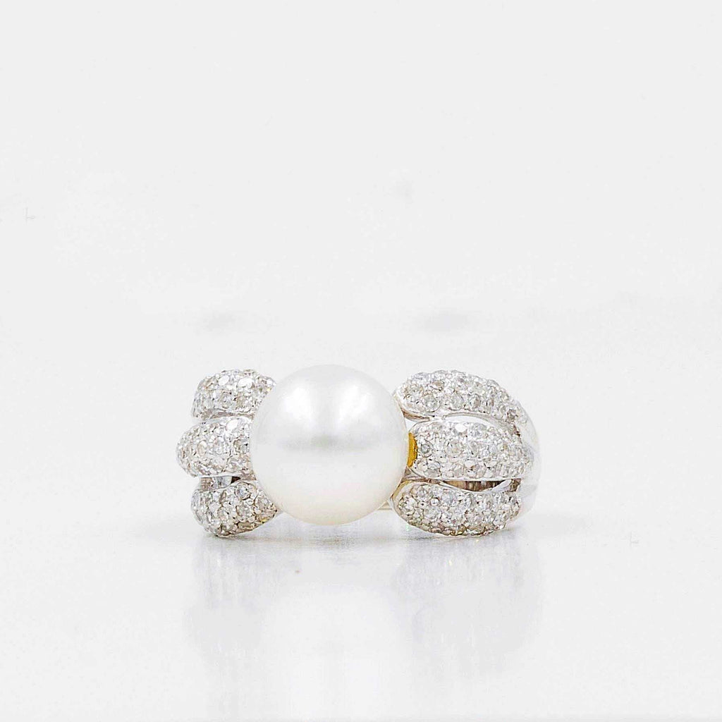 white cultured south sea pearl and diamond ring triple split shank design 18k white gold
