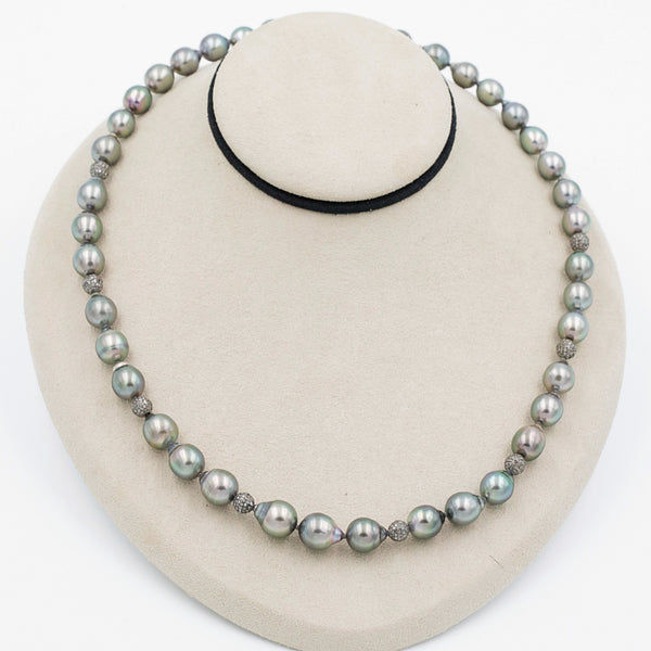 cultured circle natural black tahitian south sea 9.0 - 9.5 mm pearl knotted strand with diamond paved beads in sterling silver.