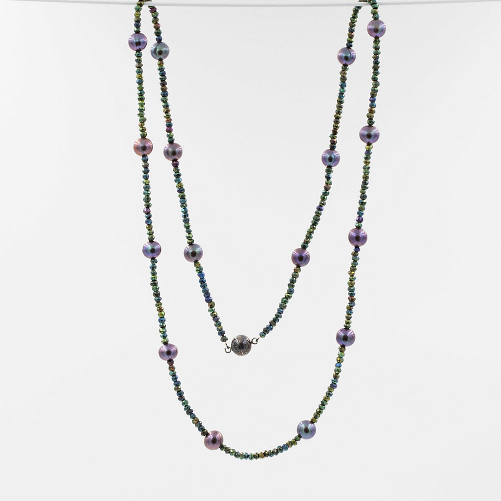 cultured freshwater enhanced black pearl and green pyrite bead 36 inch long necklace