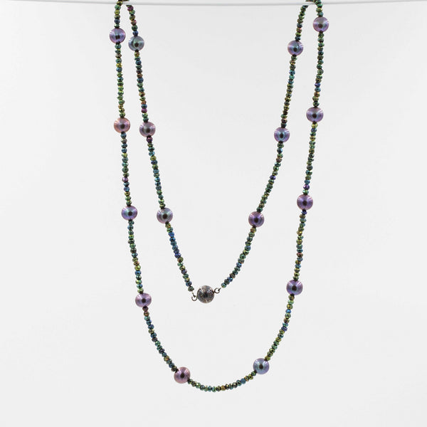cultured freshwater enhanced black pearl and green pyrite bead 36 inch long necklace
