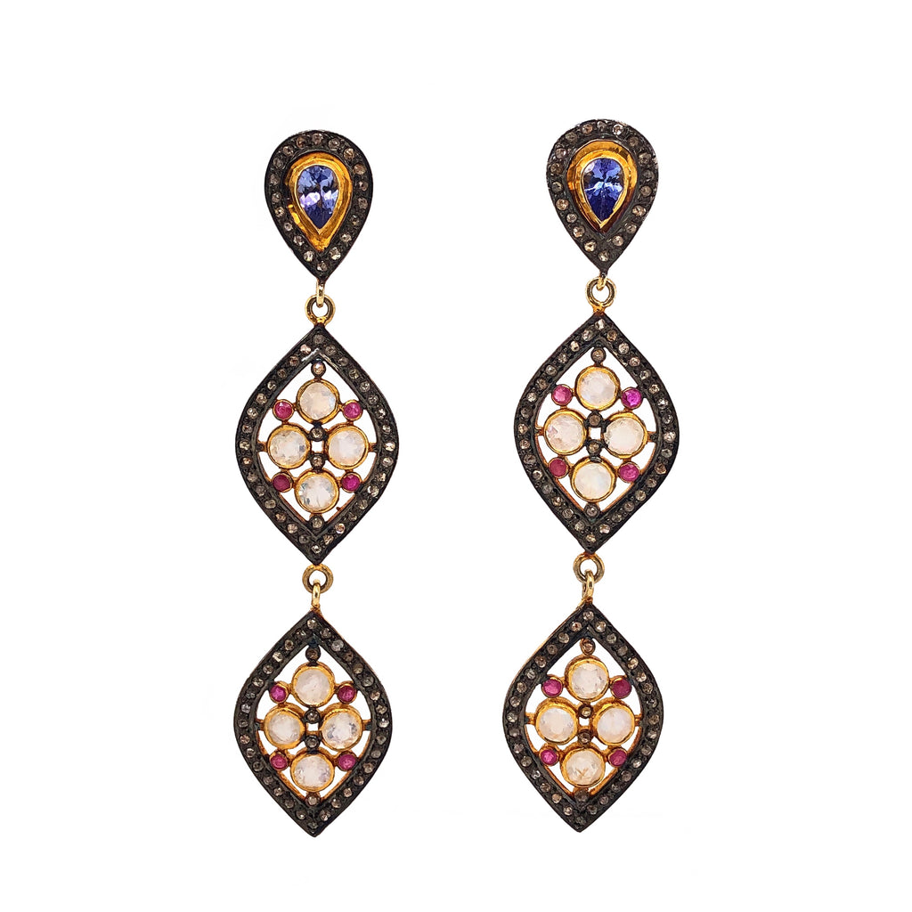 moonstone and black diamond drop earrings w/tanzanite & pink sapphire accents sterling silver