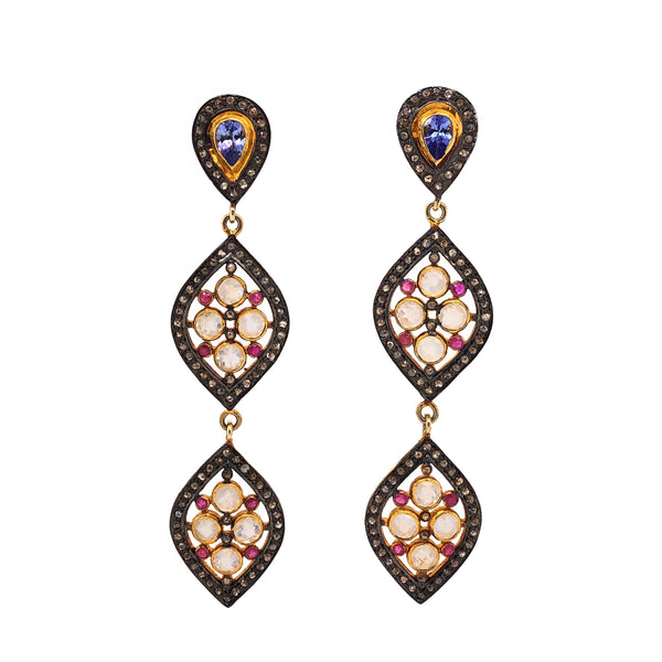 moonstone and black diamond drop earrings w/tanzanite & pink sapphire accents sterling silver
