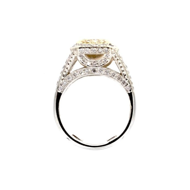 fancy light yellow radiant cut and white diamond engagement ring 18k yellow and white gold 3.89 ctw