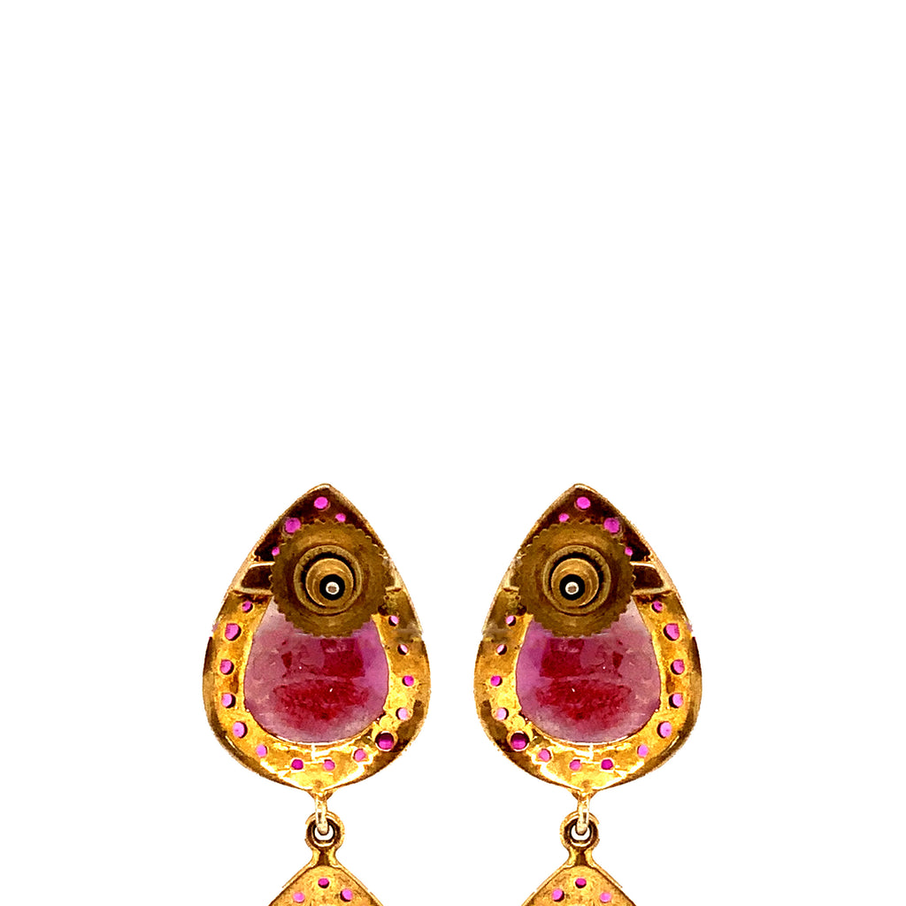 oxidized sterling silver and gold vermeil double teardrop pink sapphire and ruby slice earring
