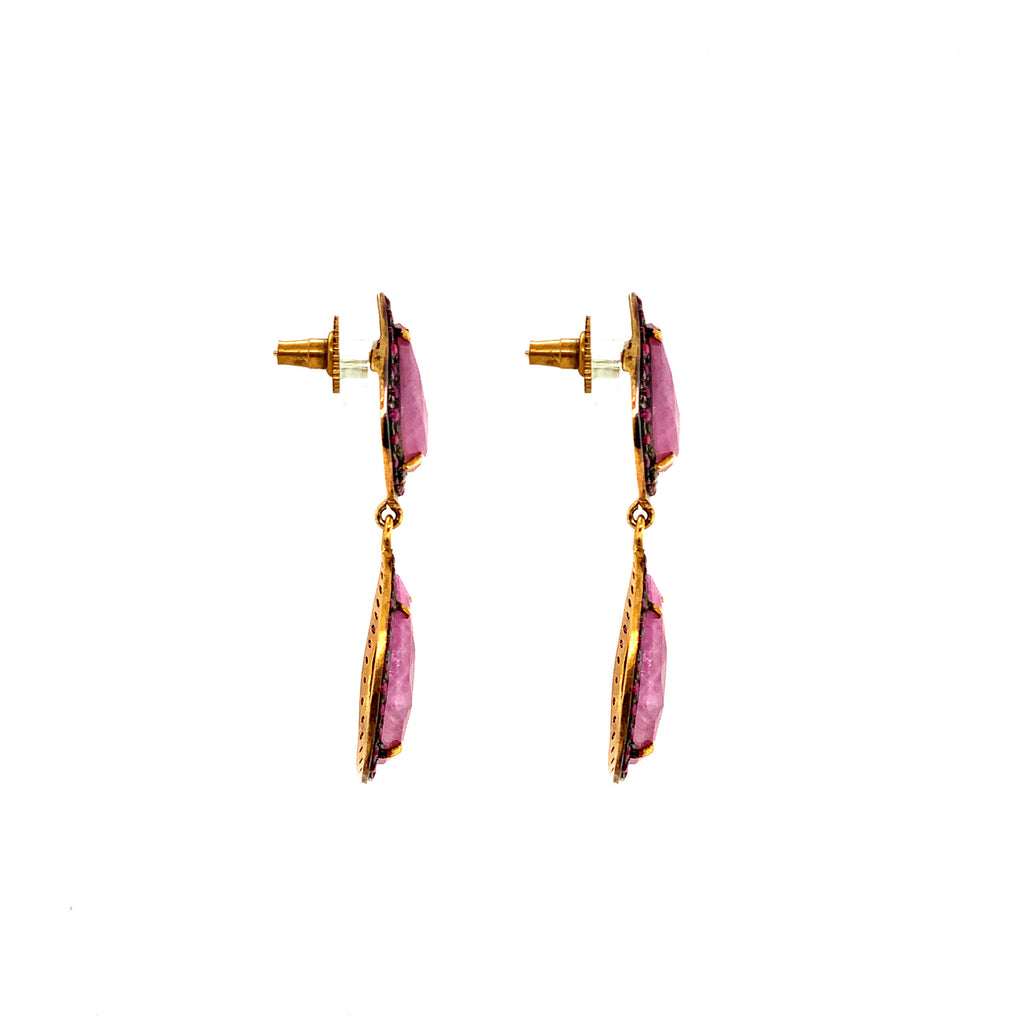 oxidized sterling silver and gold vermeil double teardrop pink sapphire and ruby slice earring