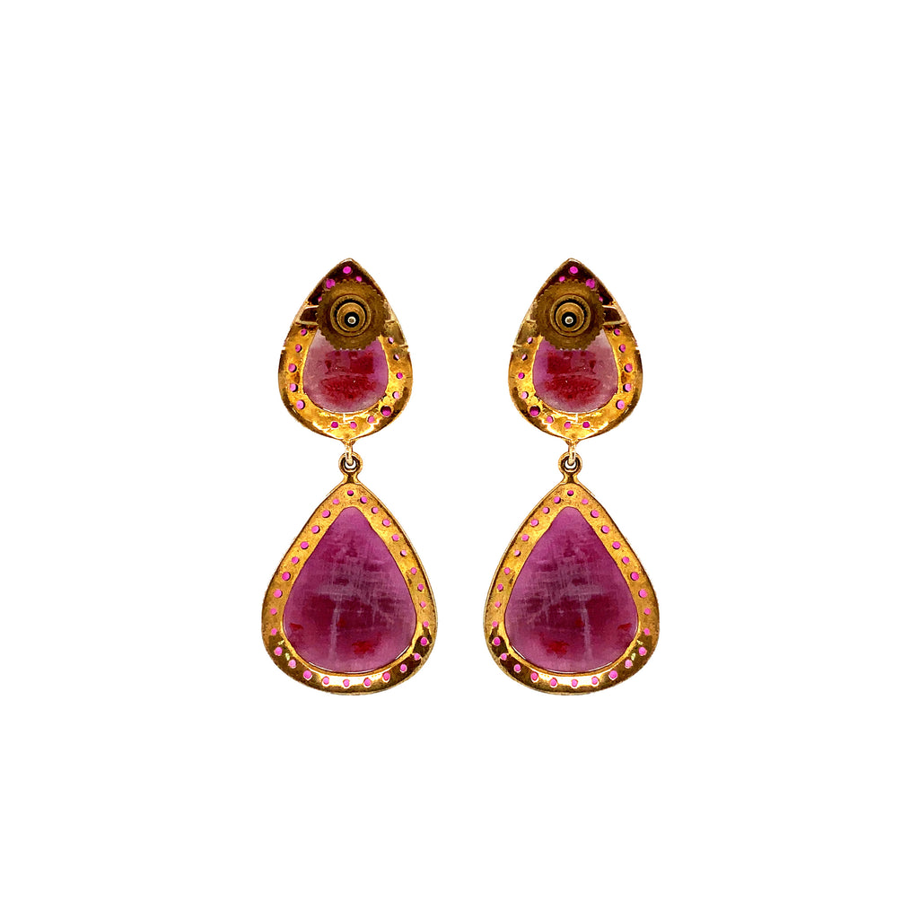 oxidized sterling silver and gold vermeil double teardrop pink sapphire and ruby slice earring