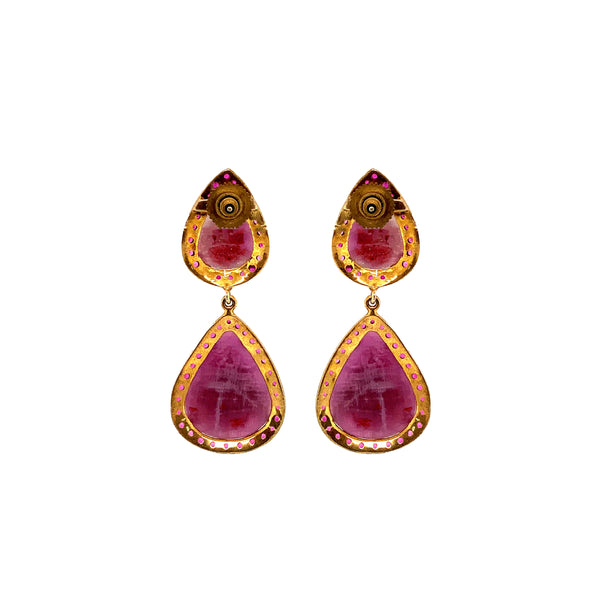 oxidized sterling silver and gold vermeil double teardrop pink sapphire and ruby slice earring