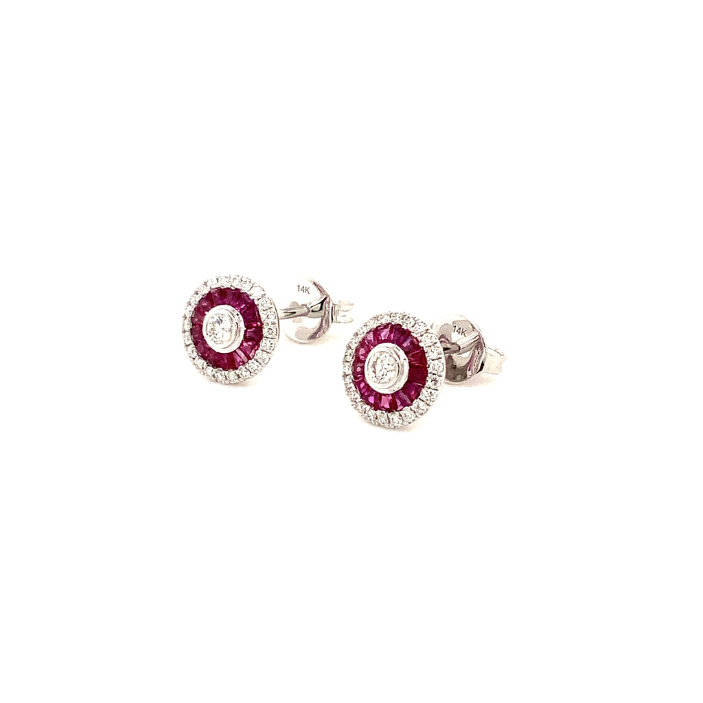 deco style ruby baguette and brilliant cut diamond earring set in 14 kt white gold.