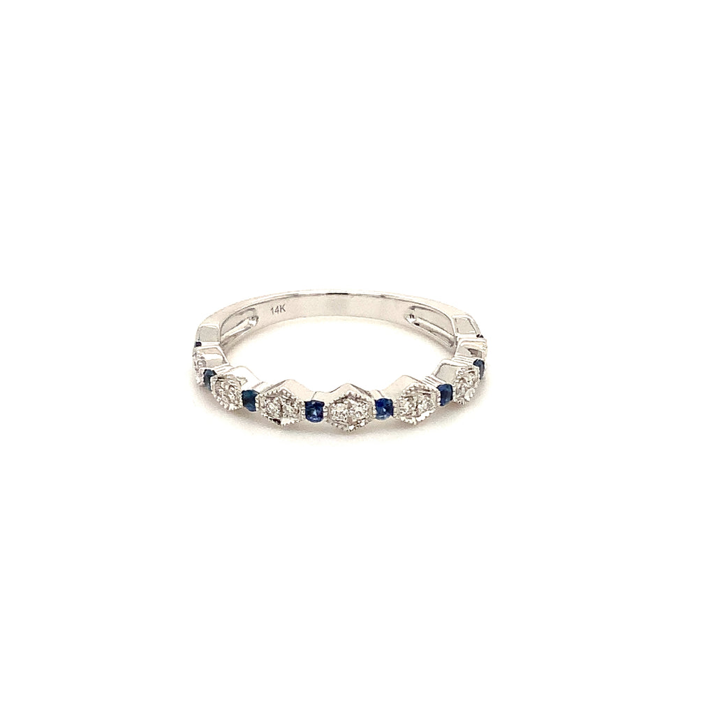 vintage inspired stackable sapphire and diamond band set in 14k white gold
