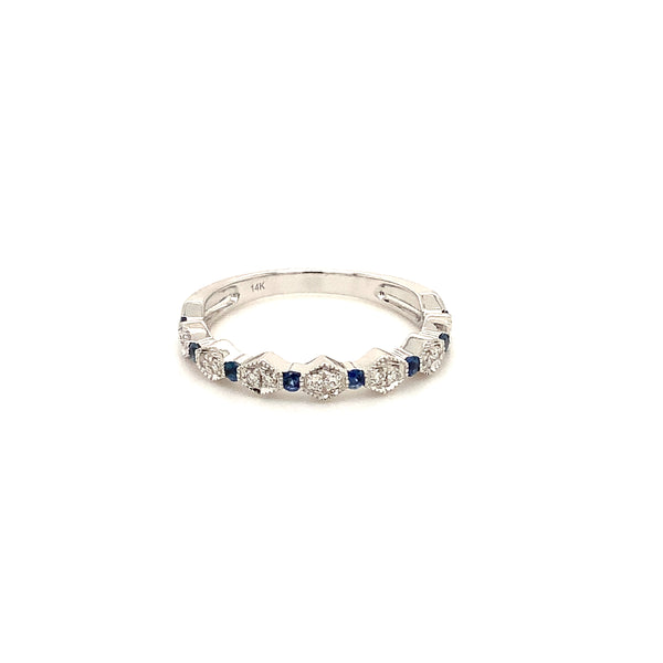 vintage inspired stackable sapphire and diamond band set in 14k white gold