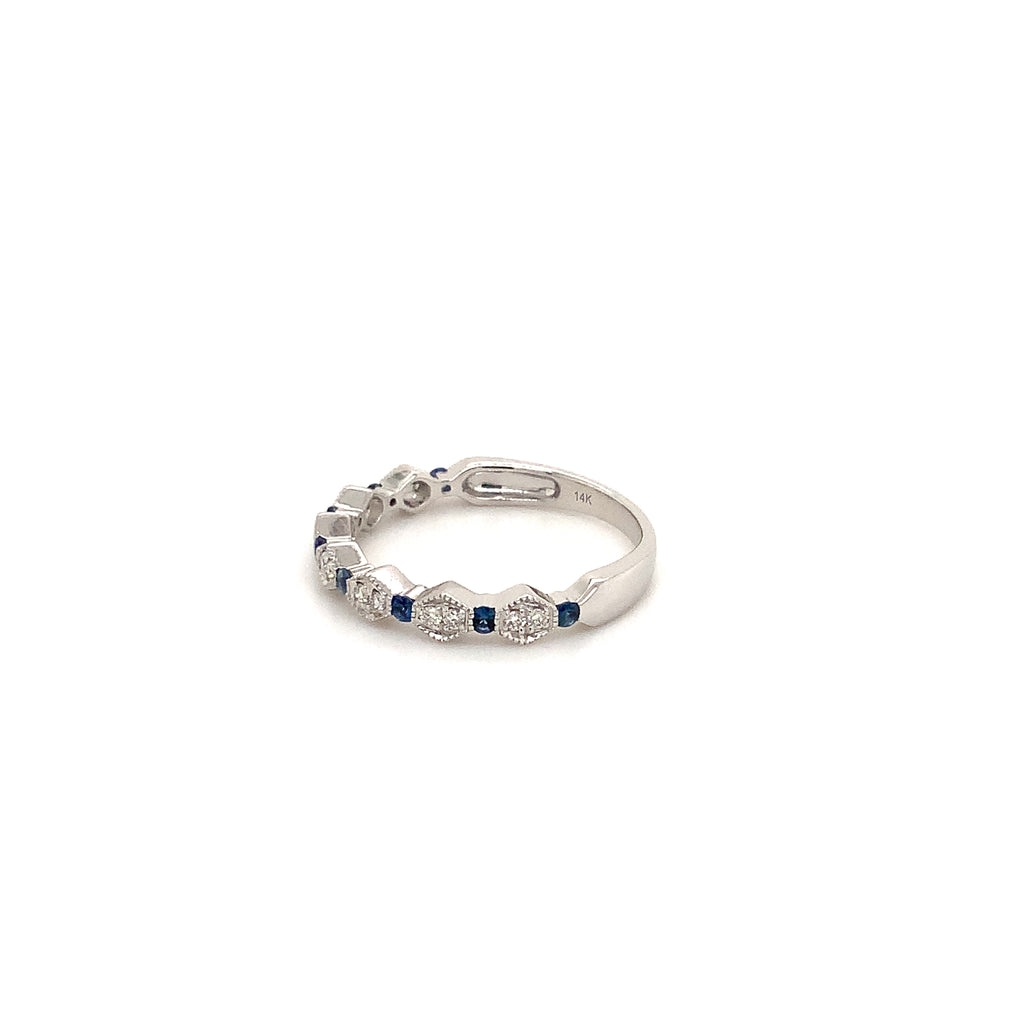 vintage inspired stackable sapphire and diamond band set in 14k white gold