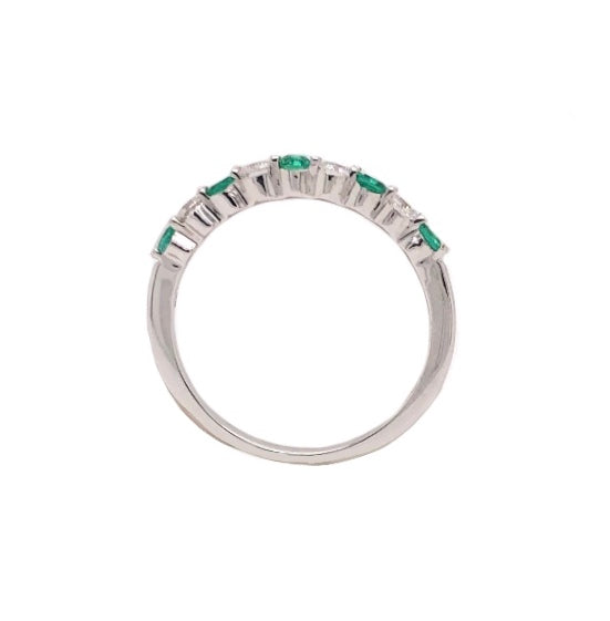 classic emerald and diamond straight line shared prong band in 14k white gold