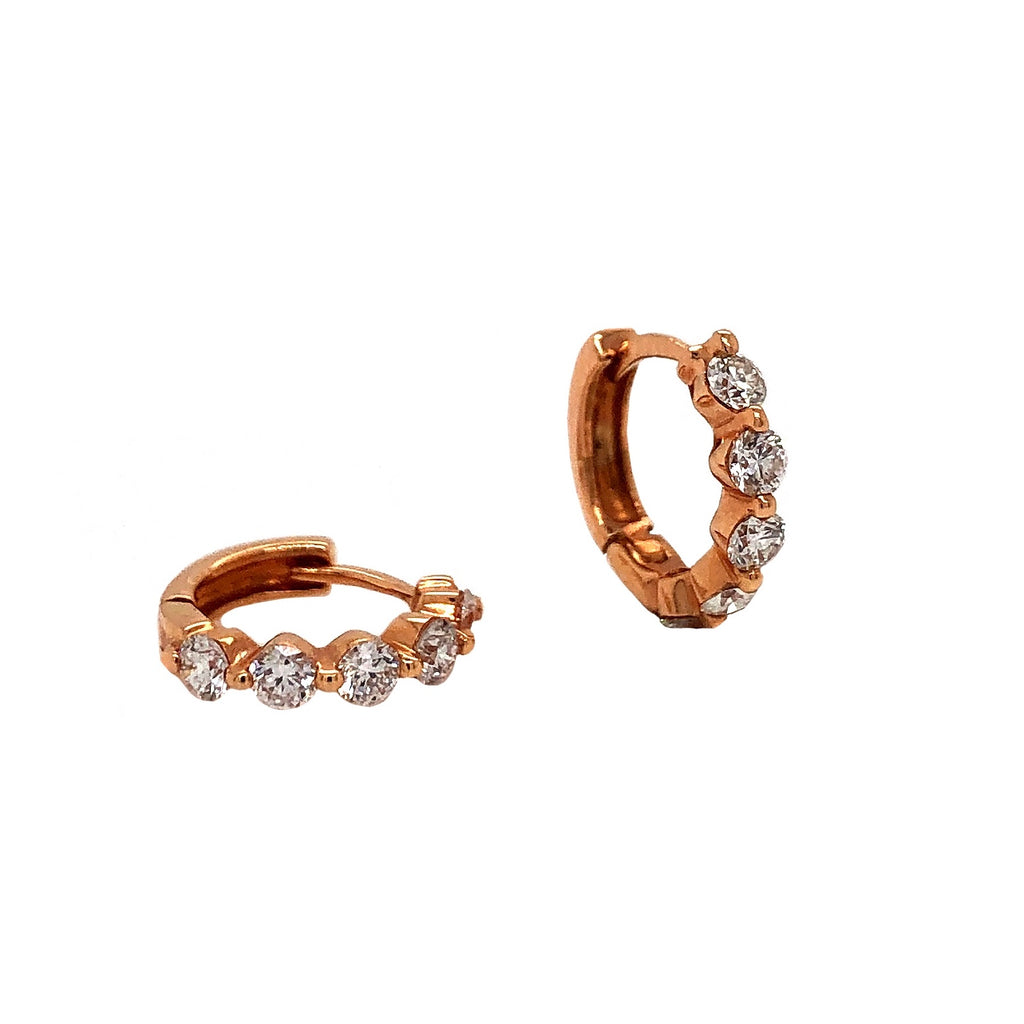 diamond huggie hoop earrings 18k rose gold 5 stones shared prong design
