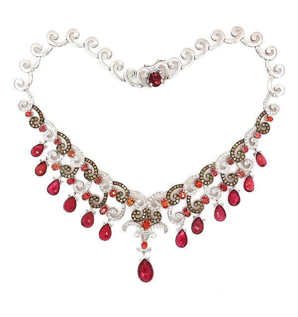 contessa statement necklace, diamonds, padparashas, pink tourmaline in 18 kt white gold