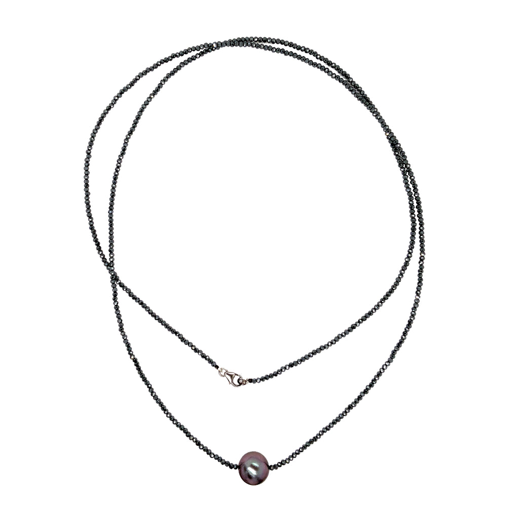 cultured tahitian black pearl and black spinel beads 34 inch necklace.