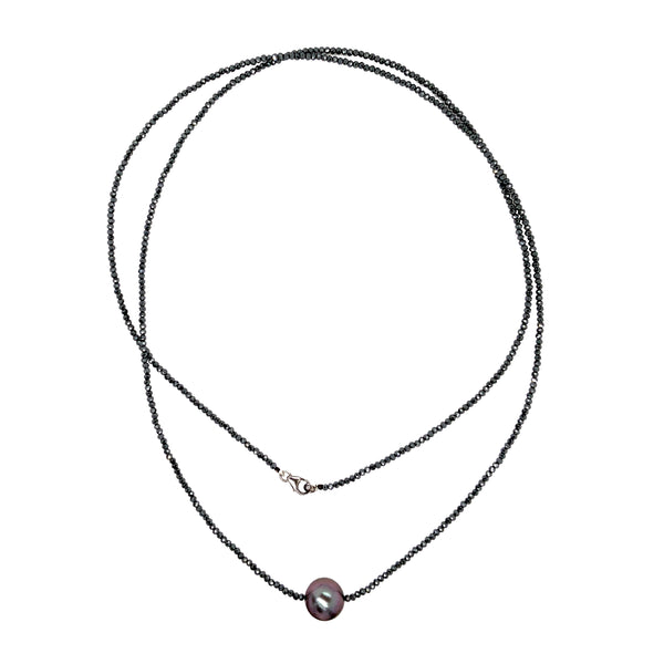 cultured tahitian black pearl and black spinel beads 34 inch necklace.