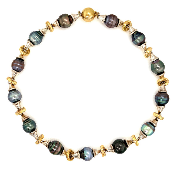 south sea multi colored circle pearl necklace 18k yellow gold and sterling silver.