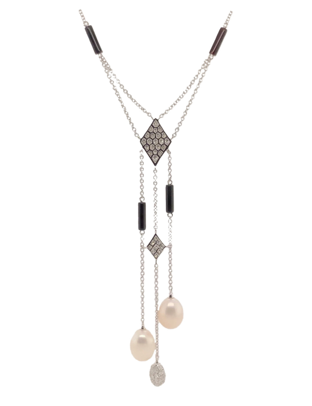 mastoloni pearl pavée diamond lariat with black onyx necklace 18k white gold
