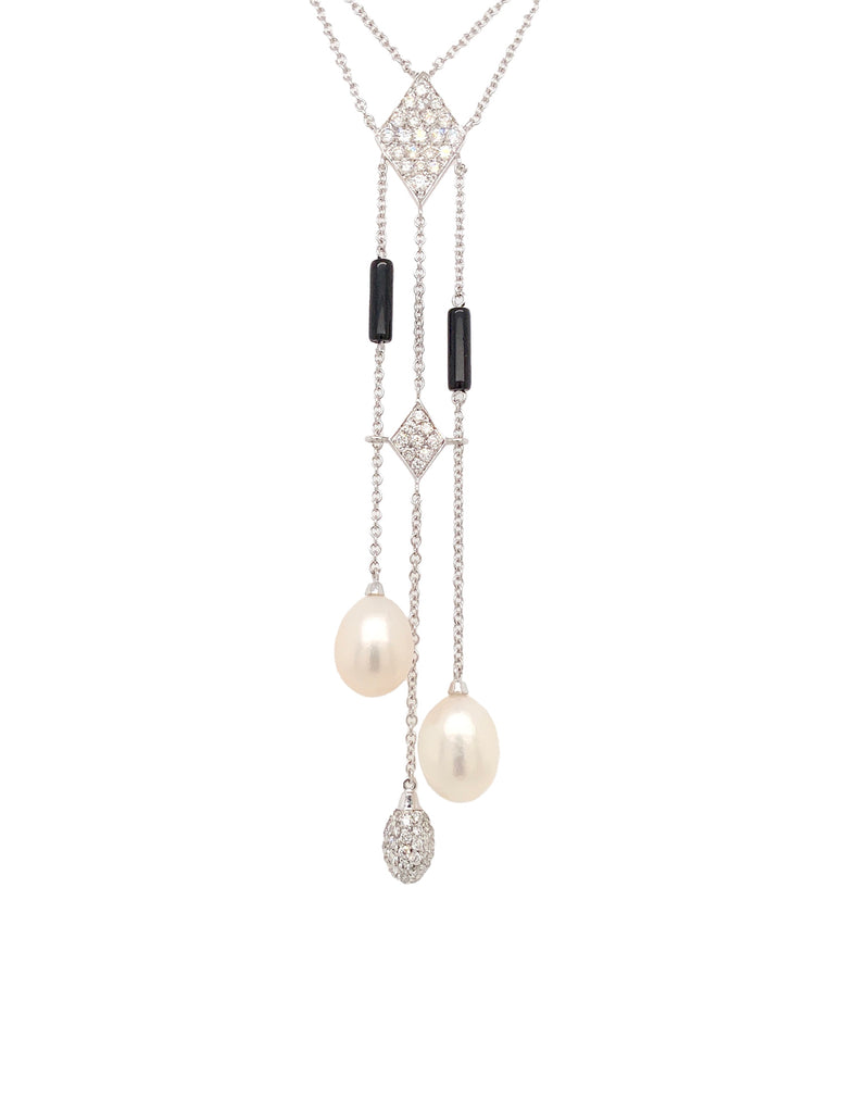 mastoloni pearl pavée diamond lariat with black onyx necklace 18k white gold