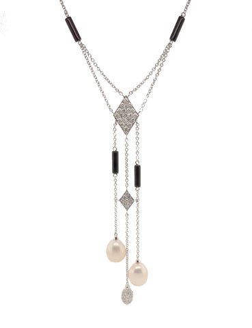mastoloni pearl pavée diamond lariat with black onyx necklace 18k white gold
