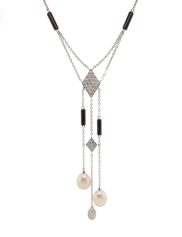 mastoloni pearl pavée diamond lariat with black onyx necklace 18k white gold