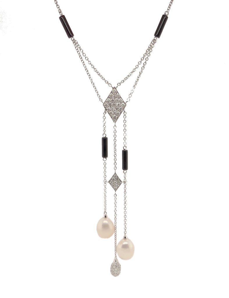 mastoloni pearl pavée diamond lariat with black onyx necklace 18k white gold